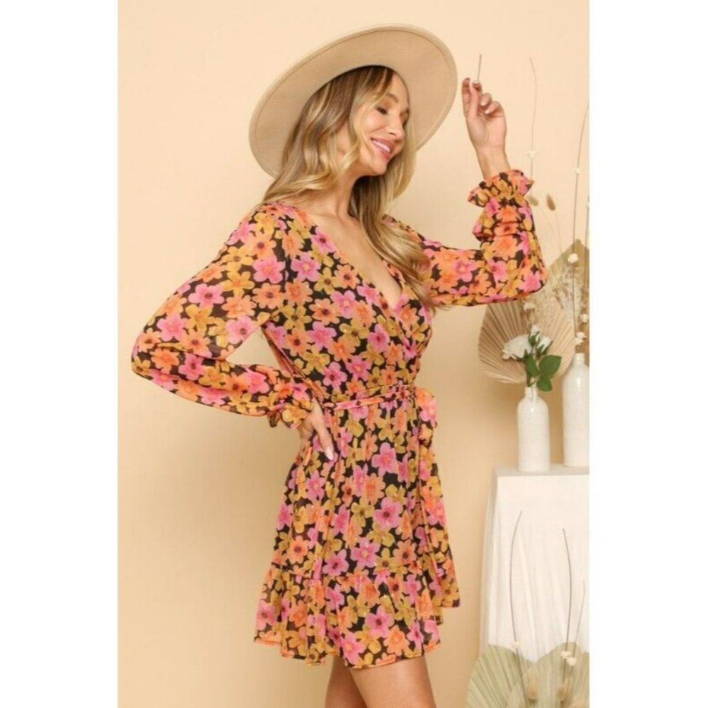 SALE! Peach Love Women Floral Fall Dress Babydoll Pink Orange Flowers D85620-01 - Picture 4 of 10
